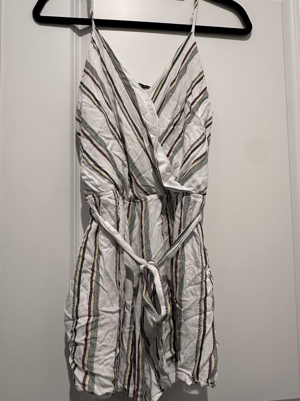 Staccato White Romper with Purple, Green, and Yellow Stripes